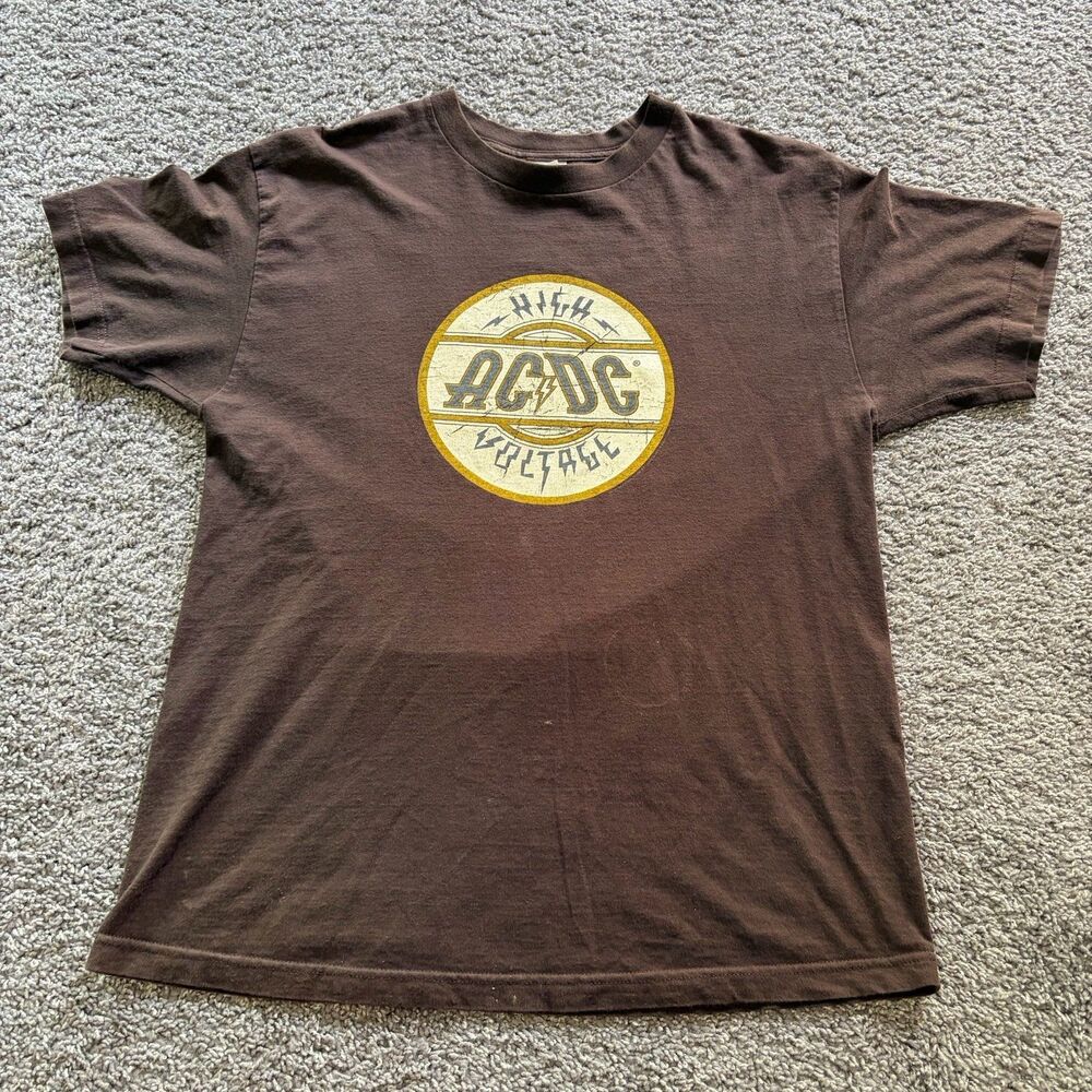 Vintage AC/DC Band High Voltage Brown T-Shirt Mens Size Large Y2K